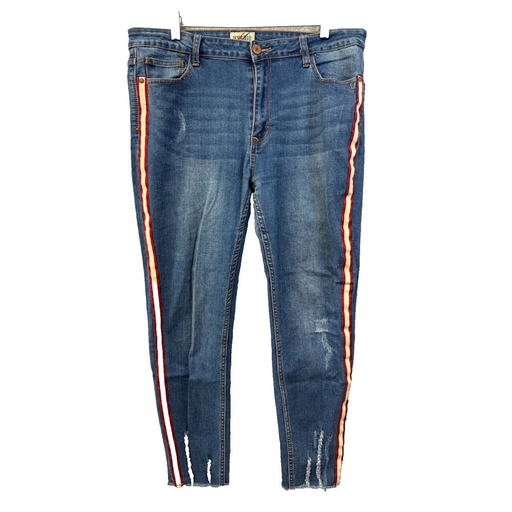 Denim Blvd Womens High Rise Skinny Jeans Side Stripe Distressed Raw Hem Blue 14